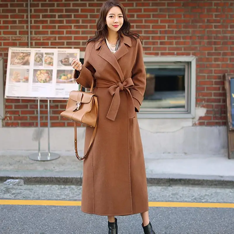camel coat Верблюжье пальто зимнее корейское длинное шерстяное пальто женское однотонное твидовое пальто с отложным воротником и поясом на шнуровке с длинным рукавом для офиса - Цвет: camel coat