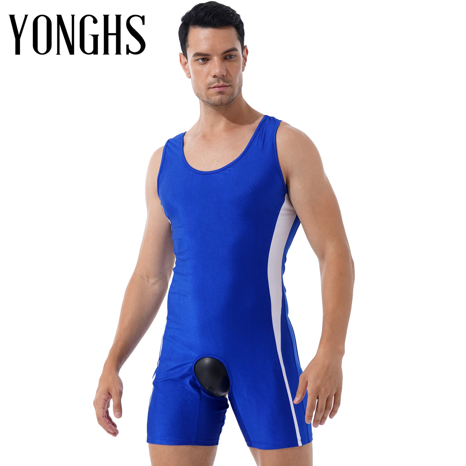 Hombre Ropa interior abierto mono ropa interior de una pieza abrir entrepierna mono de dormir bloque de Color U cuello sin mangas y bodis| -