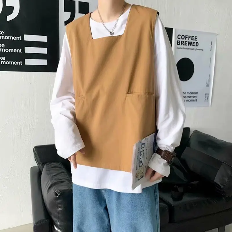 

Autumn Pullover Vest Men's Fashion Solid Color Casual Pocket Tooling Vest Men Streetwear Wild Loose Hip-hop Korean Vest Mens
