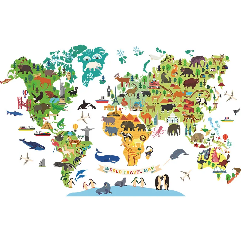 Animals World Map Wall Stickers for Boys Children Bedroom Kids room Wall Decor Removable Sticker for Kindergarten Classroom DIY