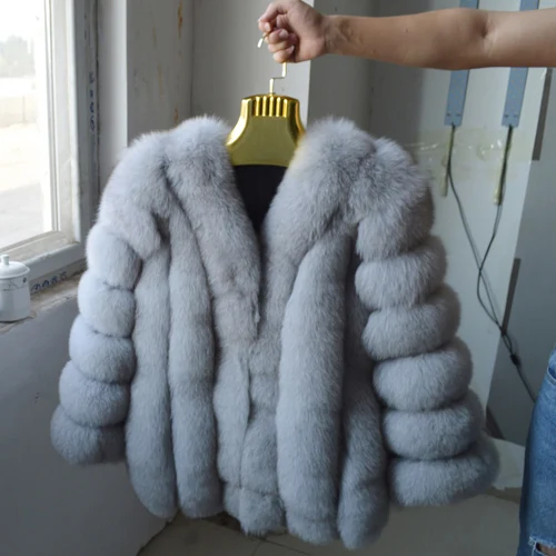 light gray Россия Горячая Распродажа Женская Шуба из натурального Лисьего меха с длинными рукавами женская зимняя куртка из натурального Лисьего меха Роскошная натуральная Шуба из натурального Лисьего меха s - Цвет: light gray