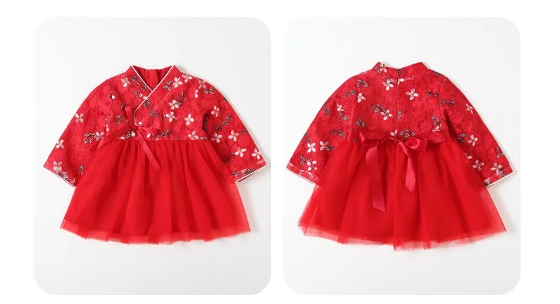 Весна и осень Новинки для девочек Детский костюм Cheongsam с вышивкой для девочек одежда с вышивкой в китайском стиле для маленьких девочек платье, пышное платье принцессы