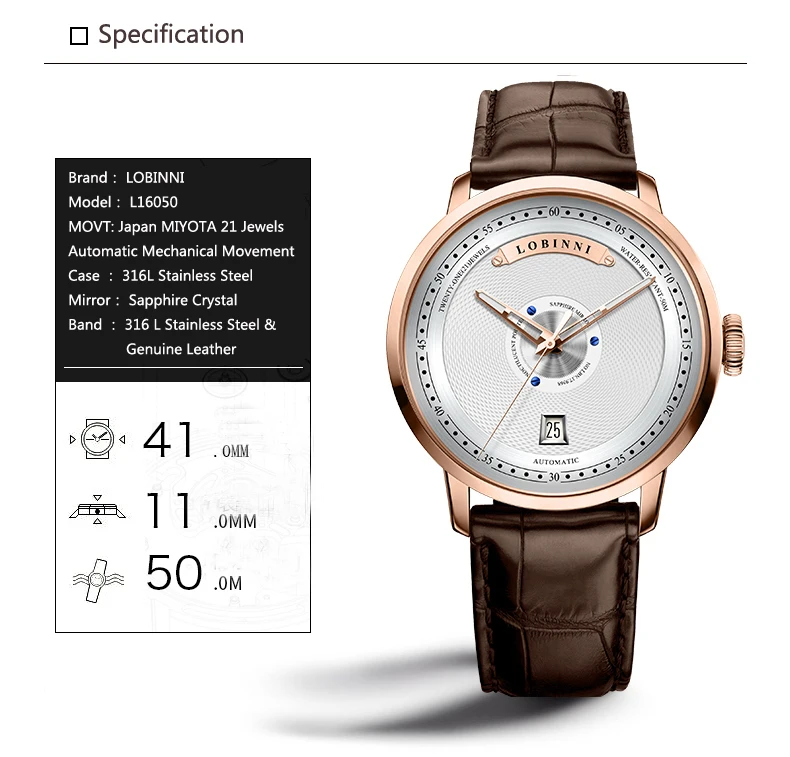 Швейцария LOBINNI мужской роскошный бренд часов Япония MIYOTA Авто Механические MOVT Мужские часы Сапфировая кожа Relogio L16050-1