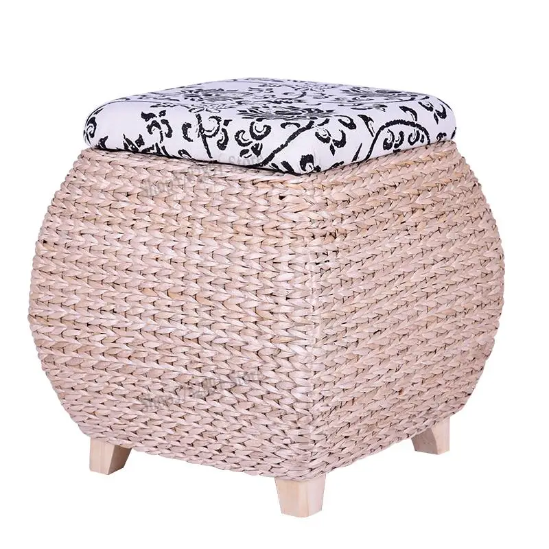 Solid Wood Straw Woven Storage Stool Rattan Shoe Bench Can Sit Adult Box Multifunctional Sofa |