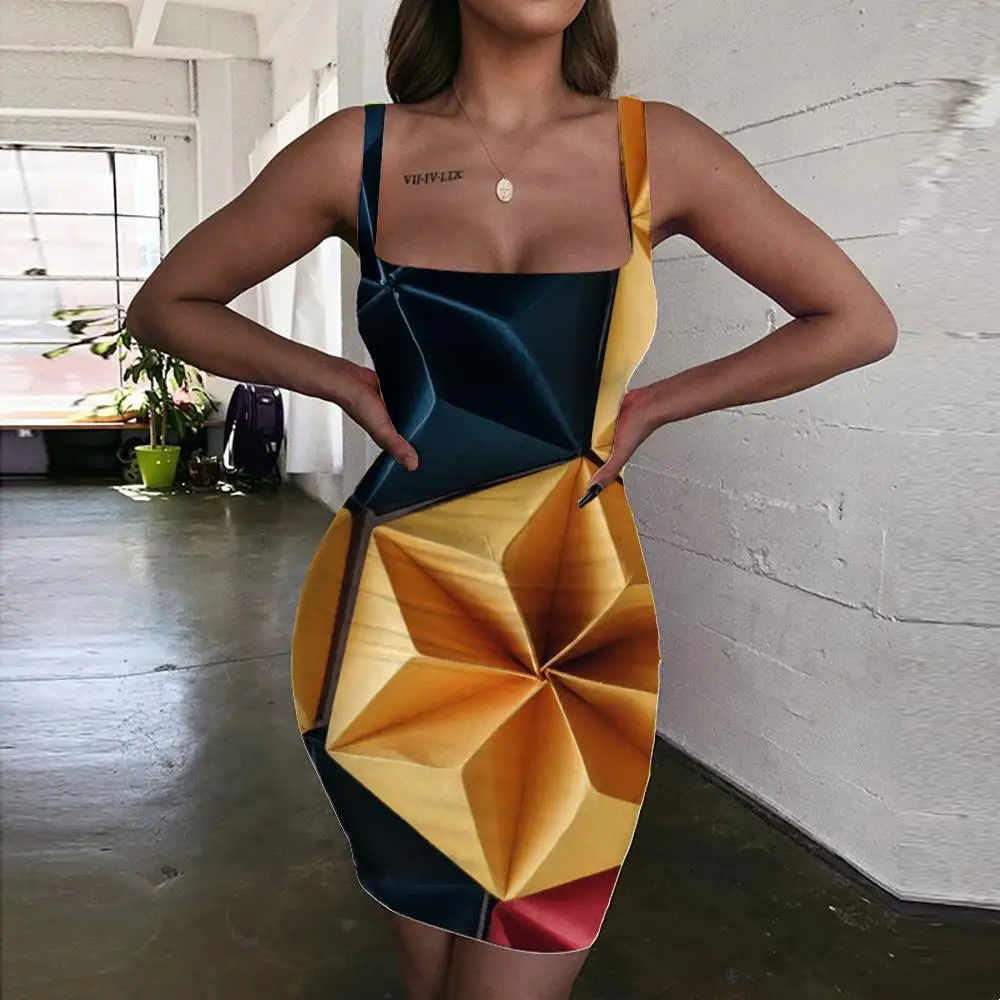 

KYKU Geometry Dresses Women Cube Sundress Abstract 3d Print Colorful Bodycon Dress Womens Clothing Mini Evening Beach