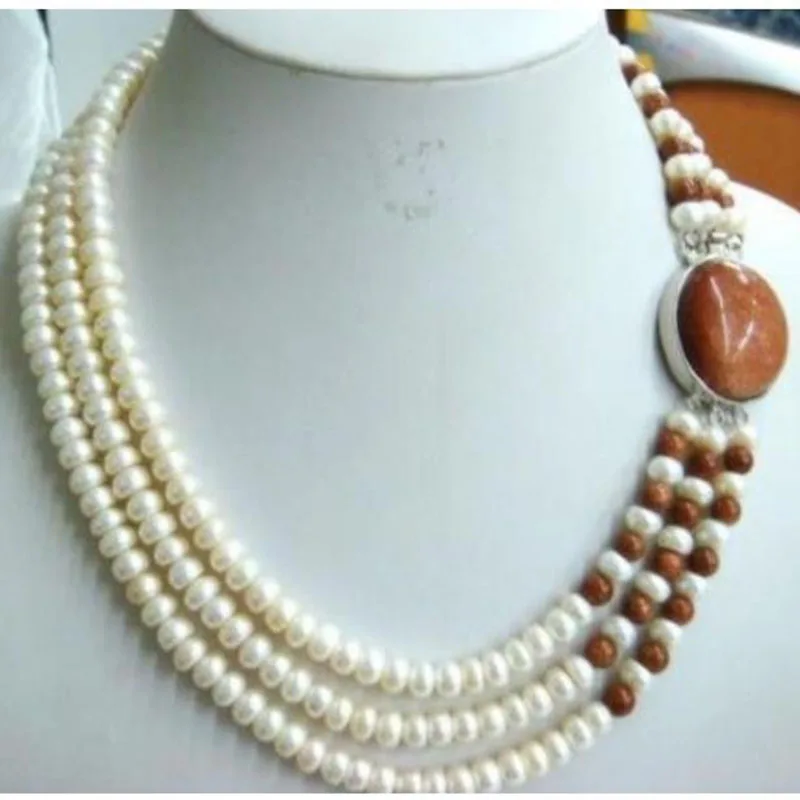 

New Elegant charming 3 row 8-9mm white chocolate pearl necklace jj