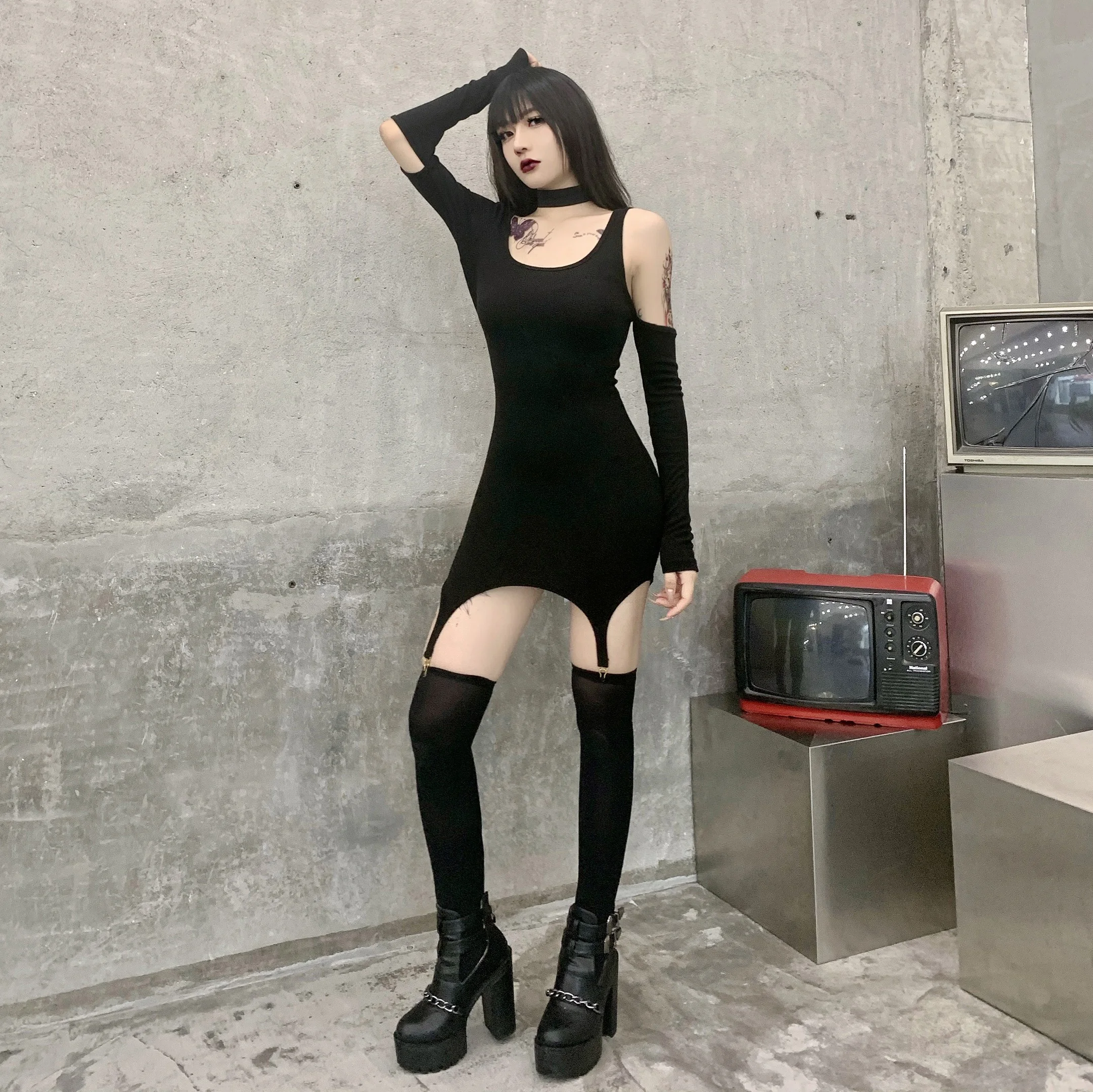 InsGoth Gothic Punk Sexy Hollow Out Black Dress Harajuku Bodycon High Waist Mini Dress Women Party Night Club Wear Outfit Dress