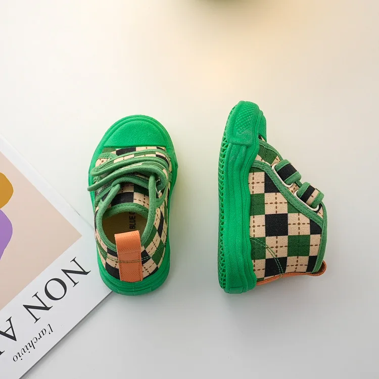 Children 2022 New Spring High-top Canvas Baby Cute Candy Green Lattice Kindergarten Shoes Boys Girls Fashion Soft Sneakers children's sandals