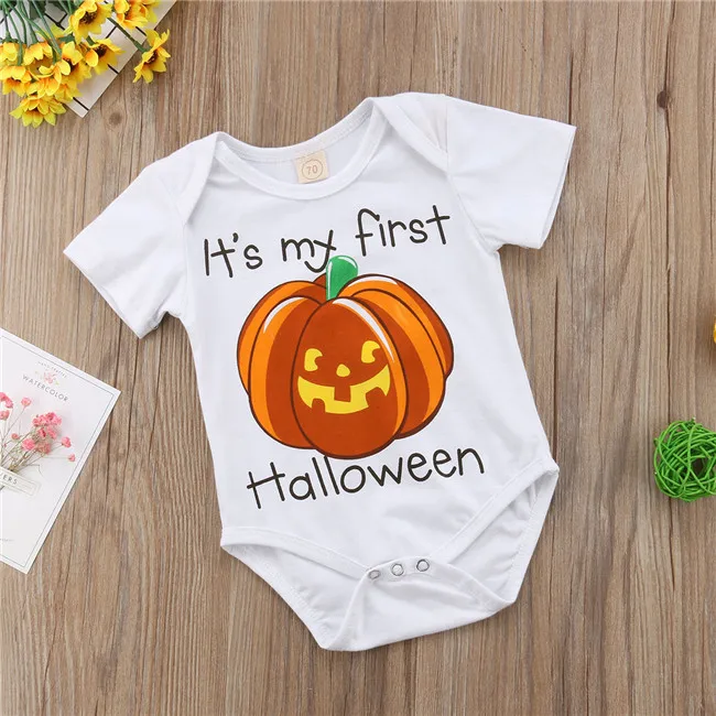 Imcute/Одежда для новорожденных с принтом «Мой первый Хэллоуин Тыква»; хлопковые детские комбинезоны с короткими рукавами; Мягкий комбинезон для маленьких мальчиков и девочек