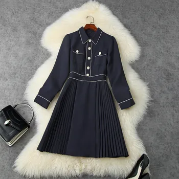 

Dresses Winter Long-sleeve 2020 New Ladies Turn Down Collar With Diamonds Pockets Slim High Waist Elegant Pleated Dress Female