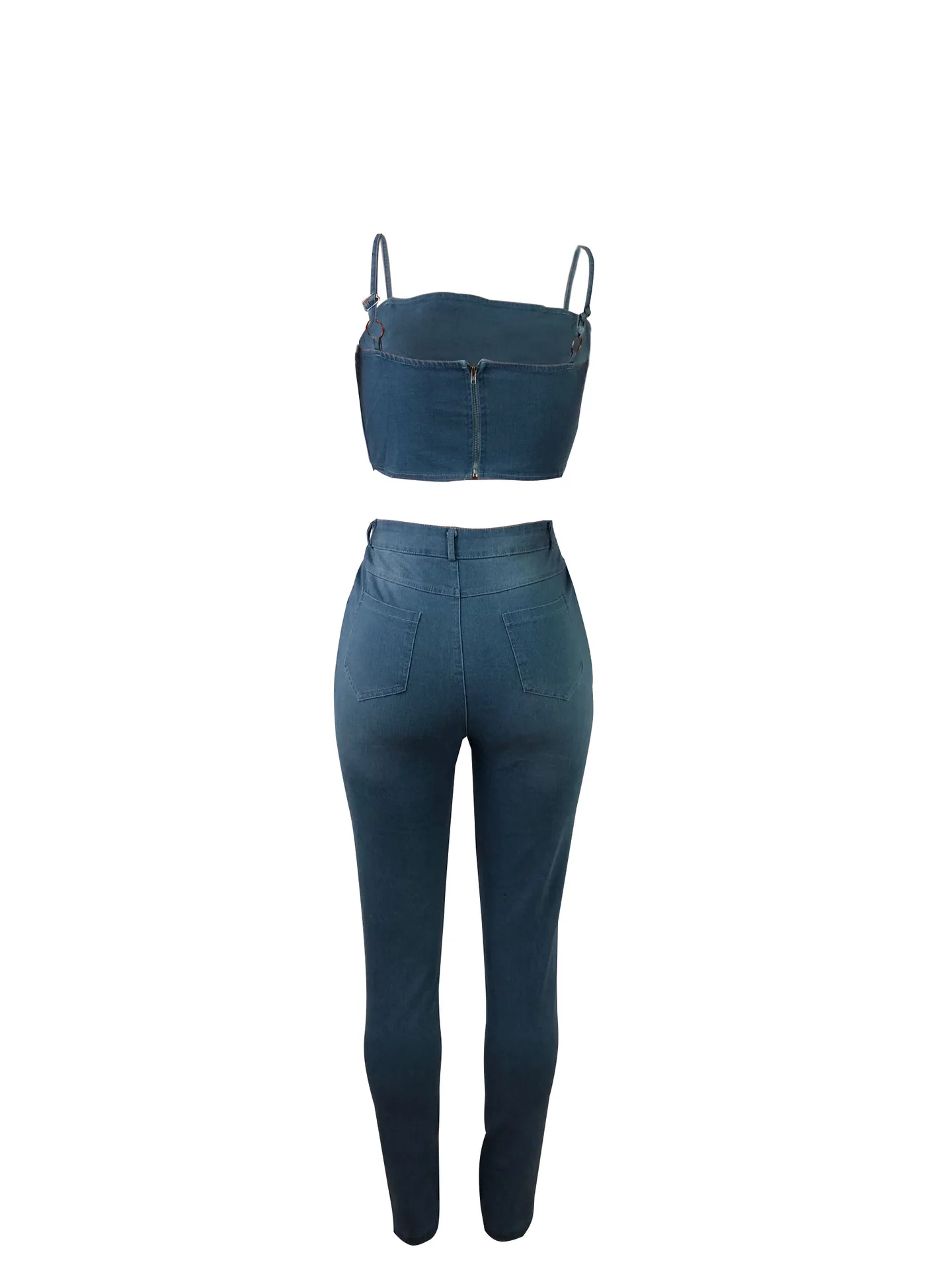 Модный комплект из 2 предметов; джинсовые женские брюки и топ на тонких бретельках; комплект из женских брюк; обтягивающий эластичный Женский комплект