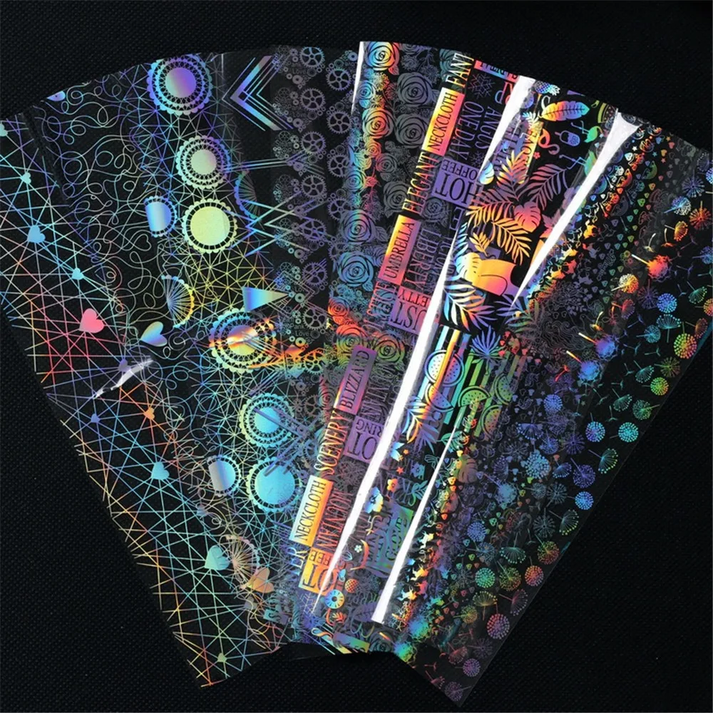 10PCS Nail Transfer Foil Holographic Flower Transfer Geometric Pattern Nails Art Sticker Laser Decals Manicure Decoration Tools