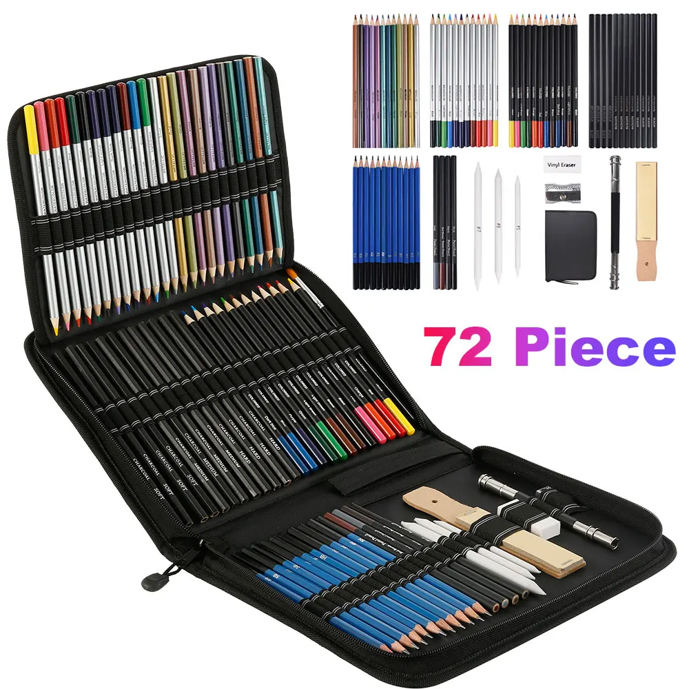 Lápis de Desenho Suprimentos para Crianças Conjunto Esboço Lápis Coloridos Aquarela Metálico Oleoso Completo Artista Kit Arte Estudante Presente 72 Pçs 2 72 pçs lápis de desenho conjunto esboço