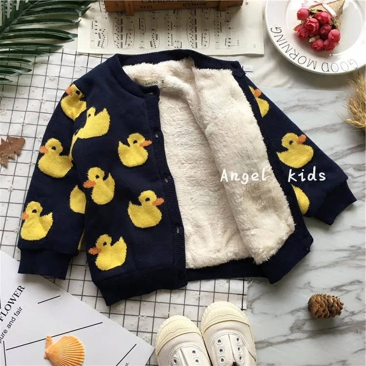 Tonytaobaby/Новинка зимы; Детский кардиган для мальчиков и девочек с изображением маленькой утки; вязаный плюшевый свитер из чистого хлопка