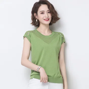

New solid color round neck hollow button knit short-sleeved shirt women