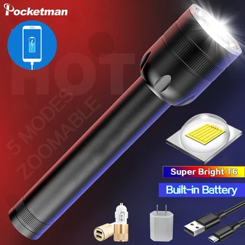 

2020 Fashion USB LED flashlight with built-in 18650 battery zoomable waterproof hand light torch outdoor camping emergency lamp