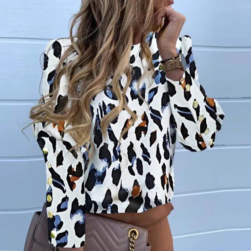 Женская Осенняя блуза с пышными плечами, рубашки для офиса, женские блузки с металлическими пуговицами, элегантные топы с длинными рукавами с принтом ананаса, 3XL - Цвет: leopard
