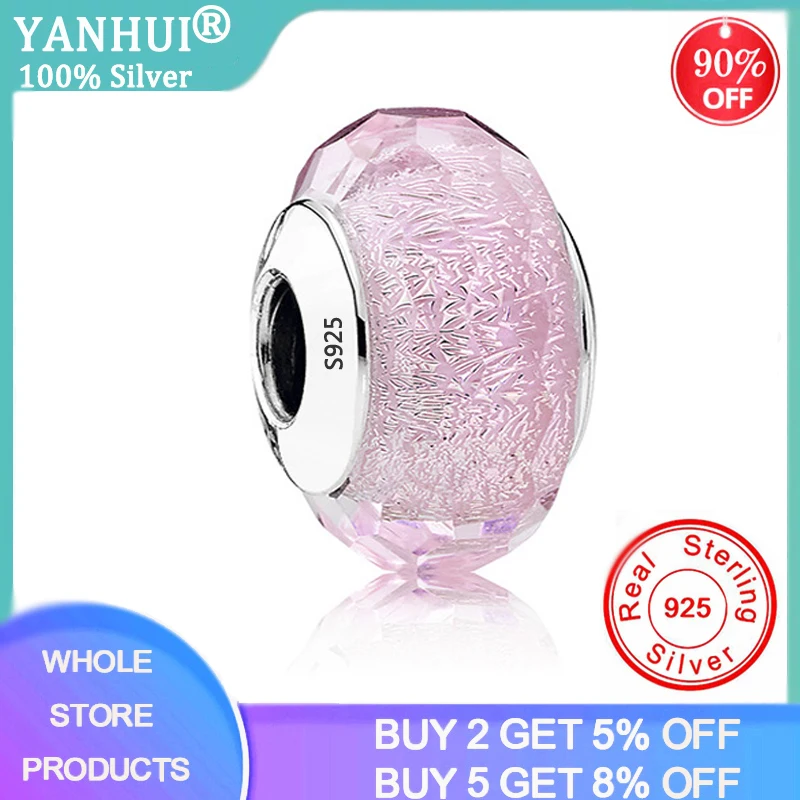 YANHUI 100% подлинное 925 пробы серебро розовый с S925 логотип Стекло Бусины Подходят