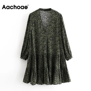 

Fashion Leopard Print Casual Dresses Women V Neck Elegant Mini Dress Vintage Long Sleeve Loose Pleated Dress Spring 2020