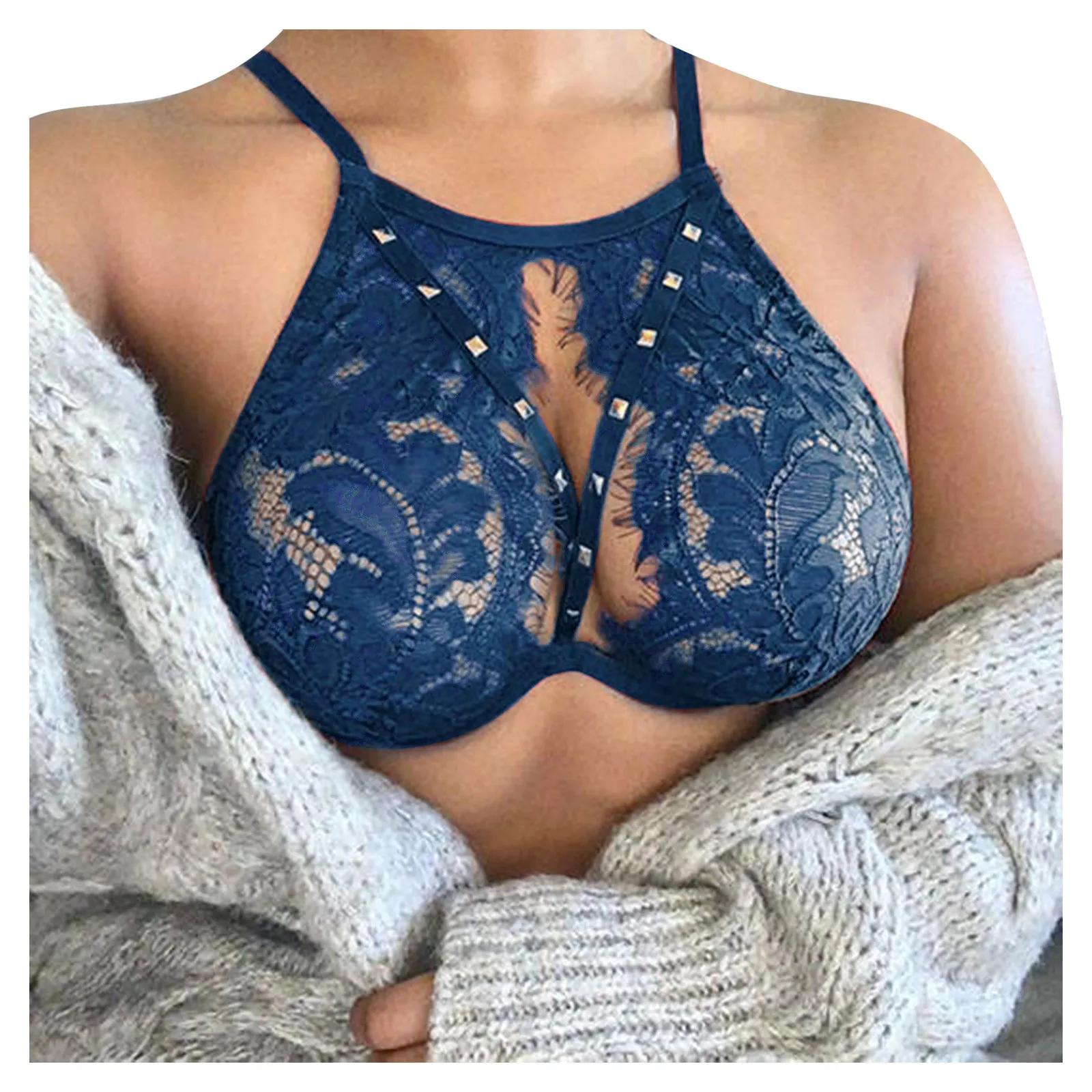 Solid Color Ladies Rivets Push-up Bra Cross Strap Lace Patchwork Hollow Bandage Suspenders women bra,erotic lingerie