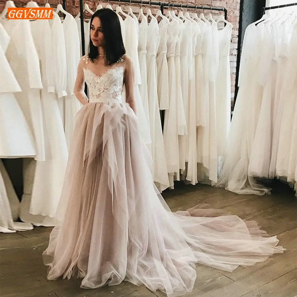 

Fashion Boho A-line Wedding Dresses Long Sleeve Illusion Bodice Tulle Applique Lace Wedding Gowns Sweep Train Beach Bridal Dress