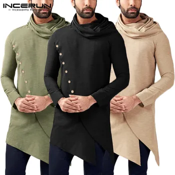 

INCERUN Men Solid Color Long Sleeve Scarf Collar Fashion Muslim Kaftan Robe Casual Slim Mens Irregular Hem Pullover Thobe Jubba