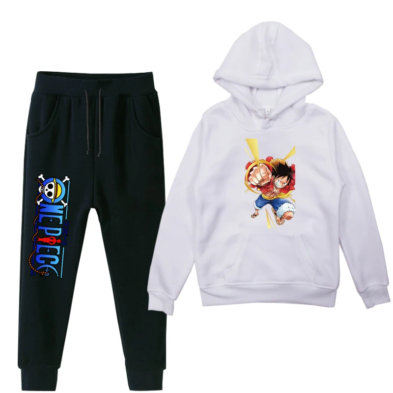 ONE PIECE Luffy 2pcs Boys Girls Clothes Suit Children Winter Whiter Hoodies And Pants Kids Plus Velvet Warm Jogging Suit - Цвет: 014