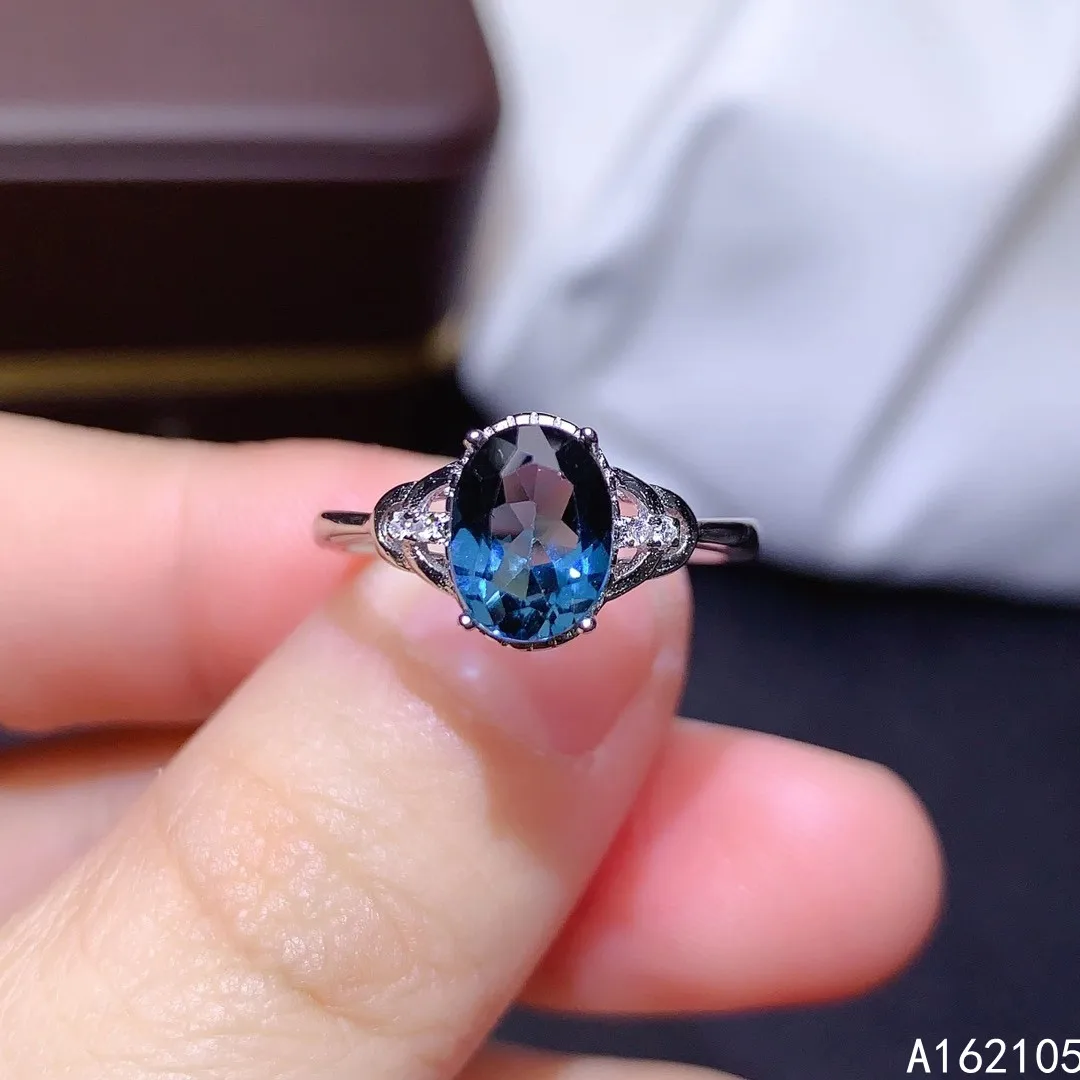 925 Pure Silver Chinese Style Natural London Blue Topaz Women's Luxury Fashion Oval Adjustable Gem Ring Fine Jewelry Support Det