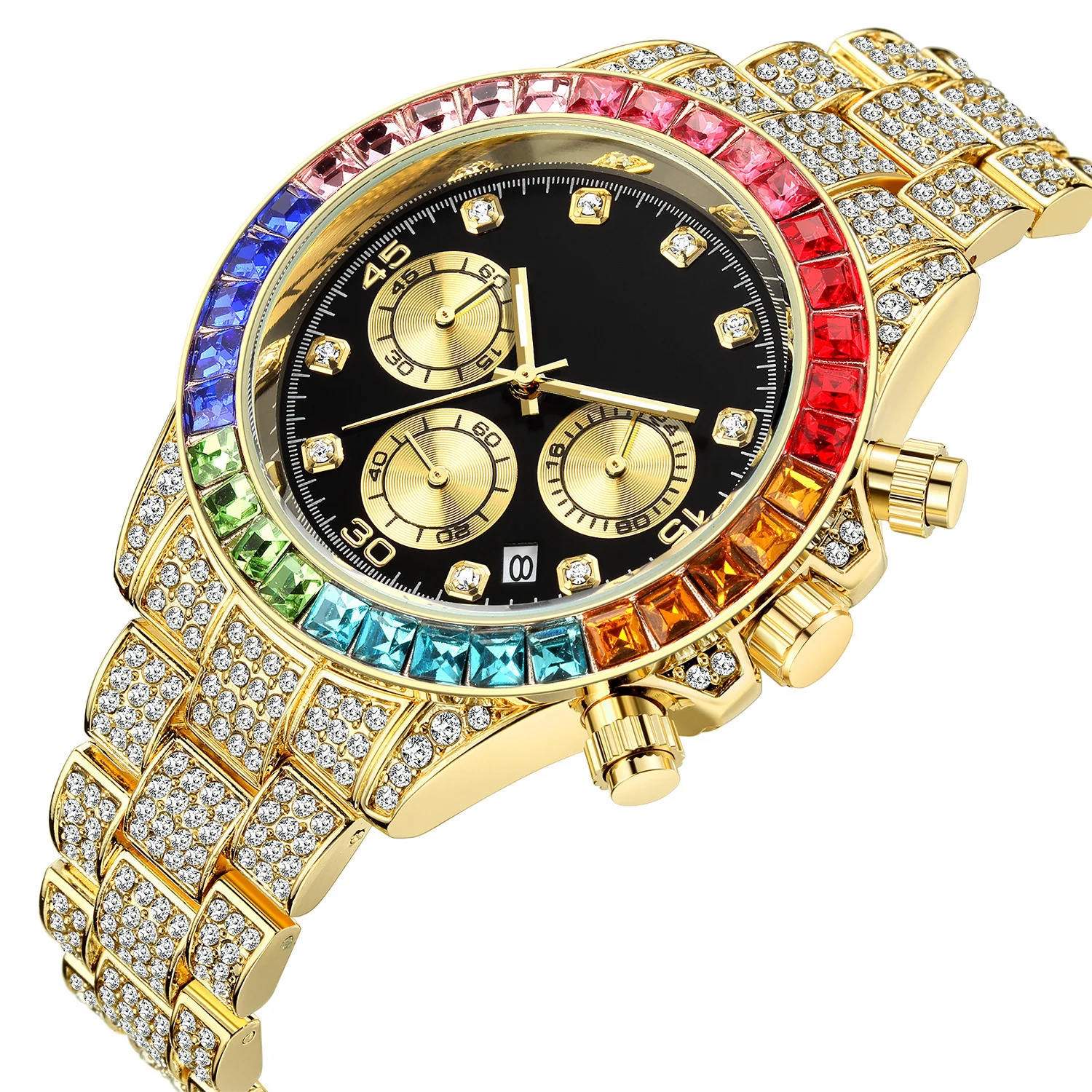 Luxury Men Colorful Diamond Watches Gold Silver Big Dial Man Wristwatch Sport Business Male Clock Relogio Masculino