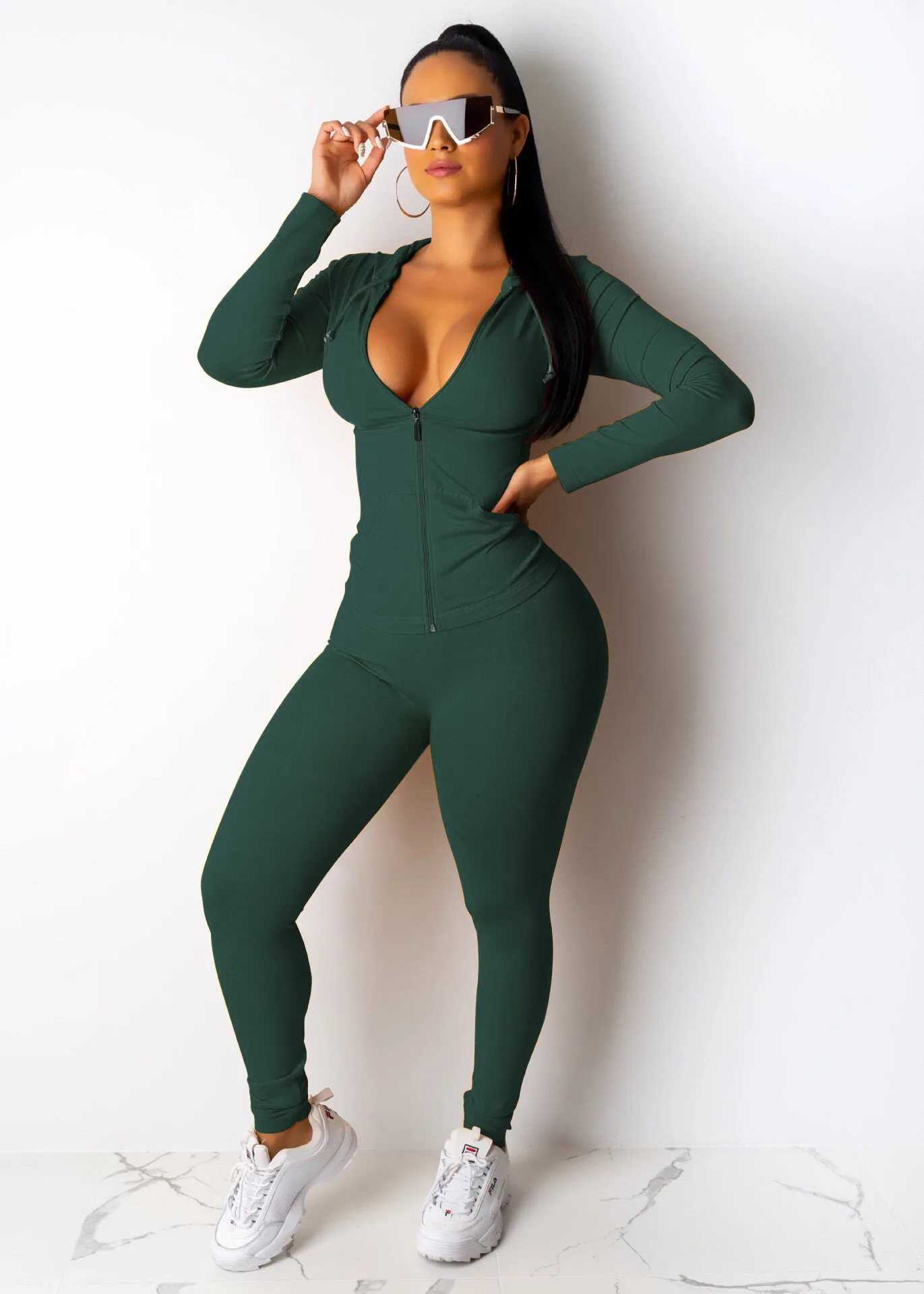 Dark Green Two Piece Set Tracksuit Women Festival Clothing Fall Winter Top+Pant Sweat Suits Neon 2 Piece Outfits Matching Sets Plus Size - Color: Dark Green
