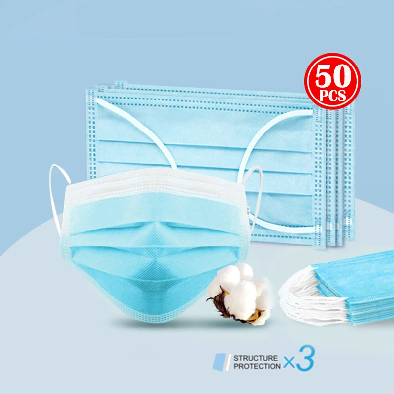 

50pcs Disposable Face Masks Flu Facial Masks 3 Laye Anti-Pollution Flu Facial Masks FFP3 Nonwoven Dust Protection Mask