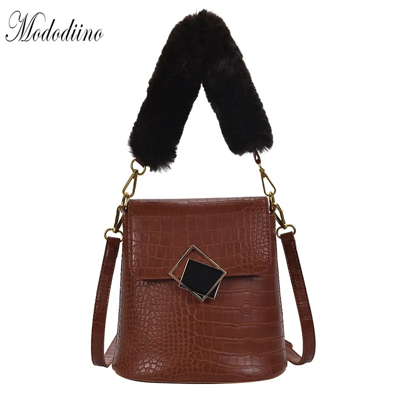 

Mododiino Faux Fur Handle Handbag Women Leather Crossbody Bag Crocodile Pattern Bucket Bag Chains Shoulder Bag Ladies Bag DV1255
