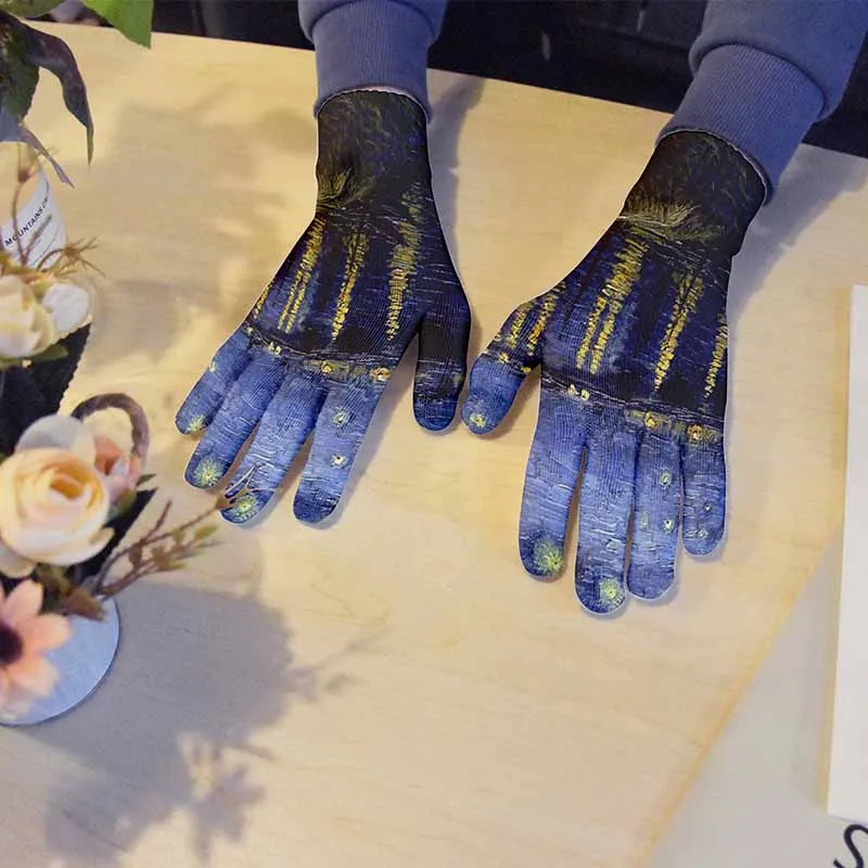 New Van Gogh Oil Painting Knitted Warm Women Mittens Gloves Sunflower Garden Work Gloves Touch Screen For Mobile Phone
