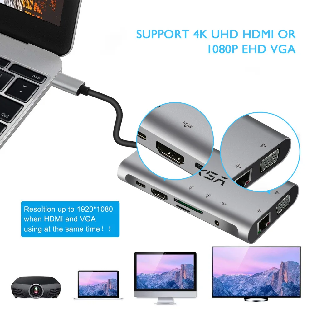  EKSA USB HUB 10 in 1 Type C HUB 3.0 with 3 USB 3.0 Port 4K HDMI 1080P VGA RJ45 3.5mm Jack Card Read