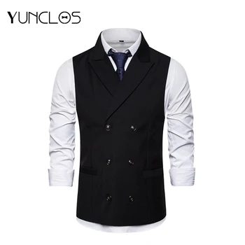 

YUNCLOS Solid Color Business Banquet Vest Men Chalecos Para Hombre Closure Collar Men Vest Double-breasted Wedding Party
