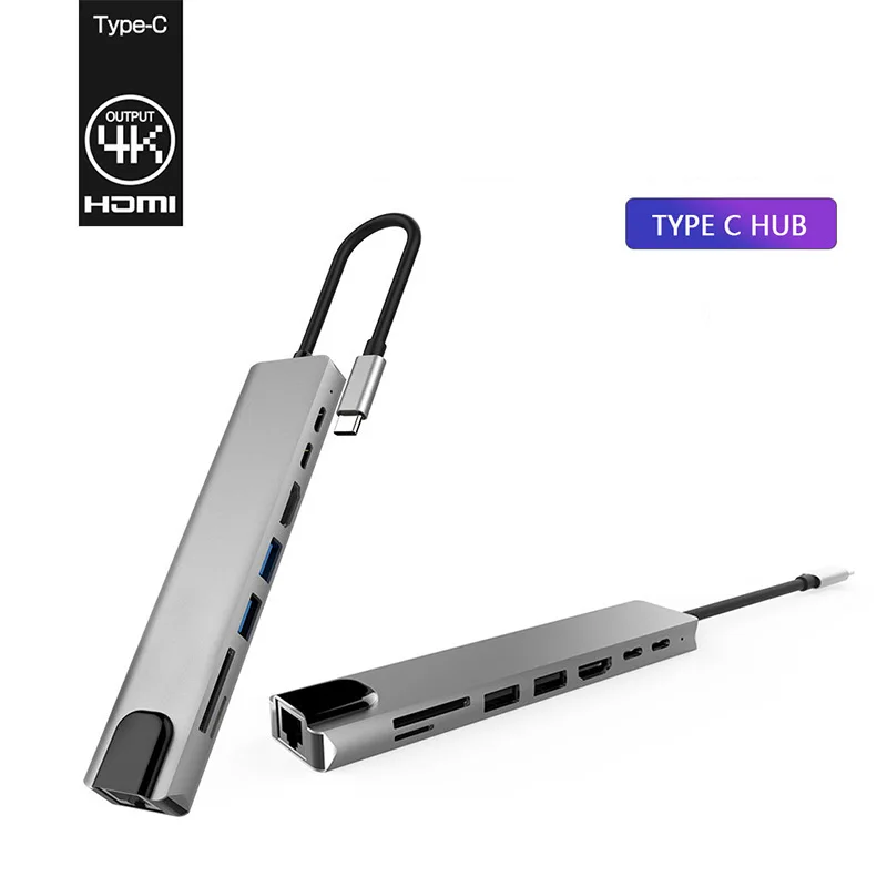 8-1 концентратор HDMI+ rj45+ VGA+ PD+ USB3.0+ карты Тип-C док-станция для Macbook мульти-функция быстрой передачи концентратор док-станция