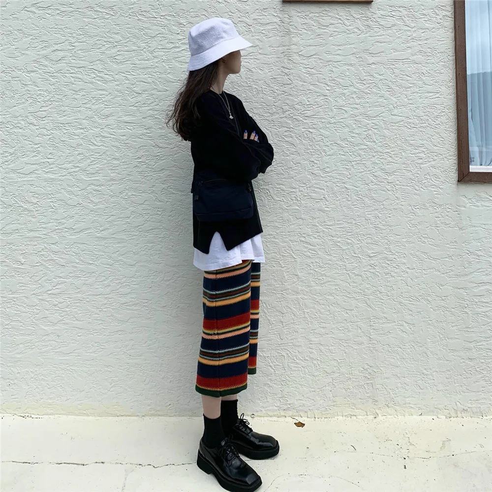 Neploe, Faldas Mujer Moda Ins, радужная полосатая трикотажная юбка, высокая талия, бедра, прямая, Осень-зима, верхняя одежда, Jupe Femme 47433