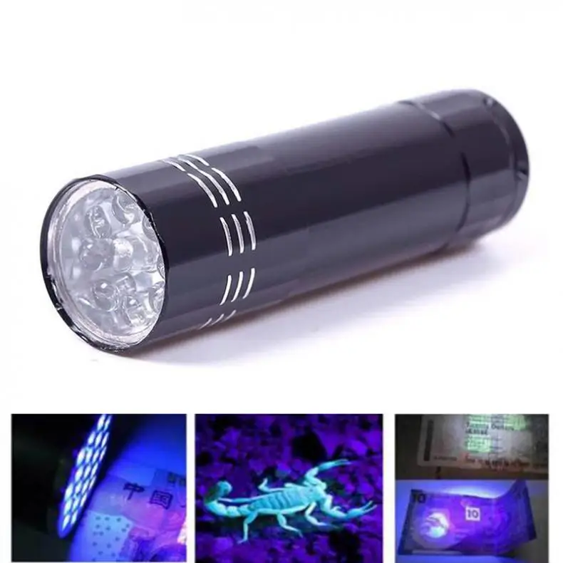 Mini Aluminum UV Ultra Violet 9 LED Multi-function Banknote Flashlight Torch Inspect Money Torch Light 3AAA UV lamp
