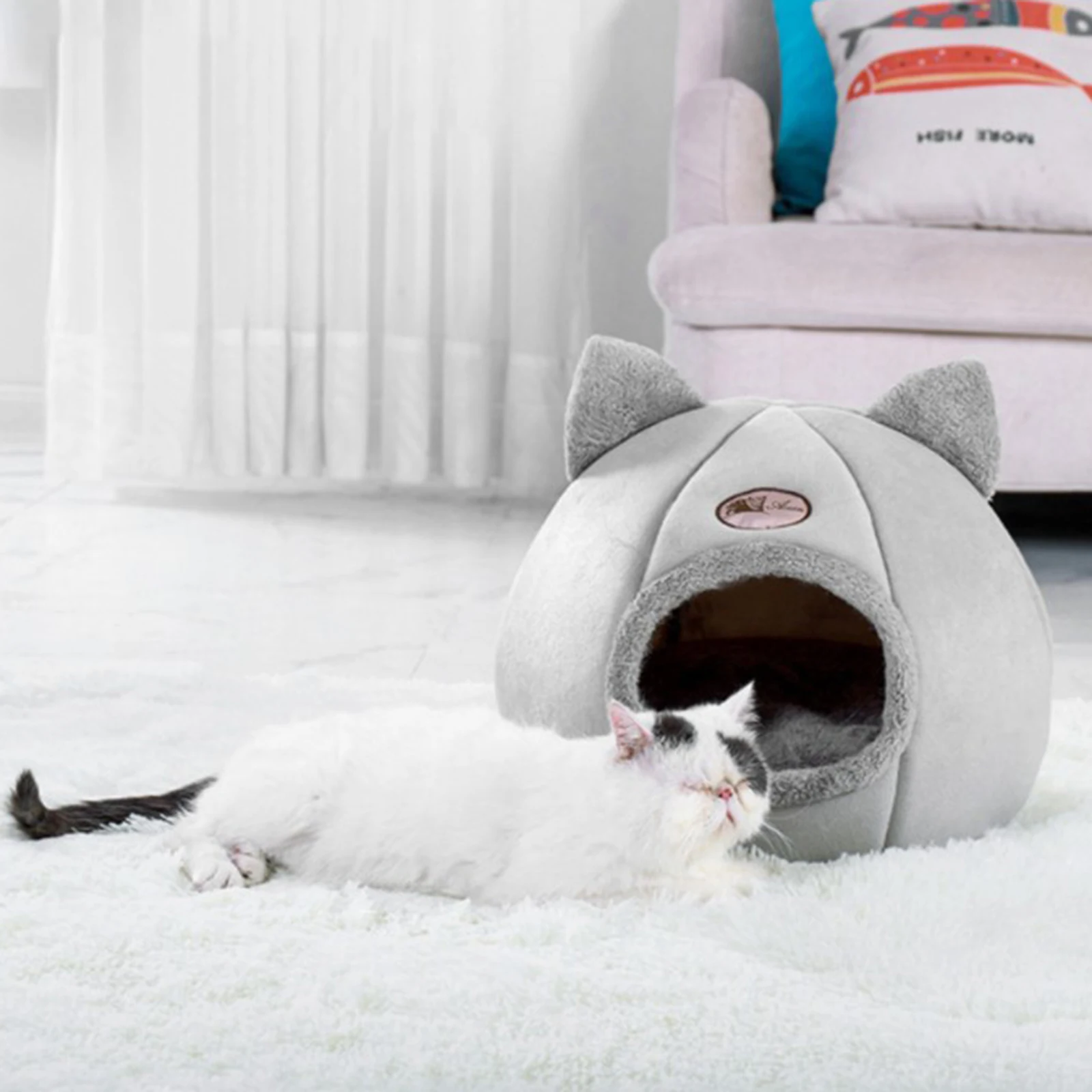 Cat Pet Igloo Cave Enclosed Covered Tent House Removable Cushion Bed Hideout