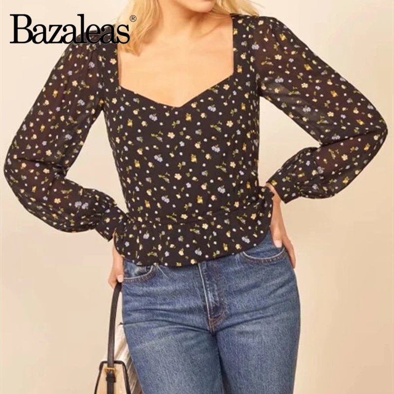 Bazaleas шикарный цветочный принт черный ropa mujer модная блузка с длинным рукавом для женщин harajuku винтажная блузка
