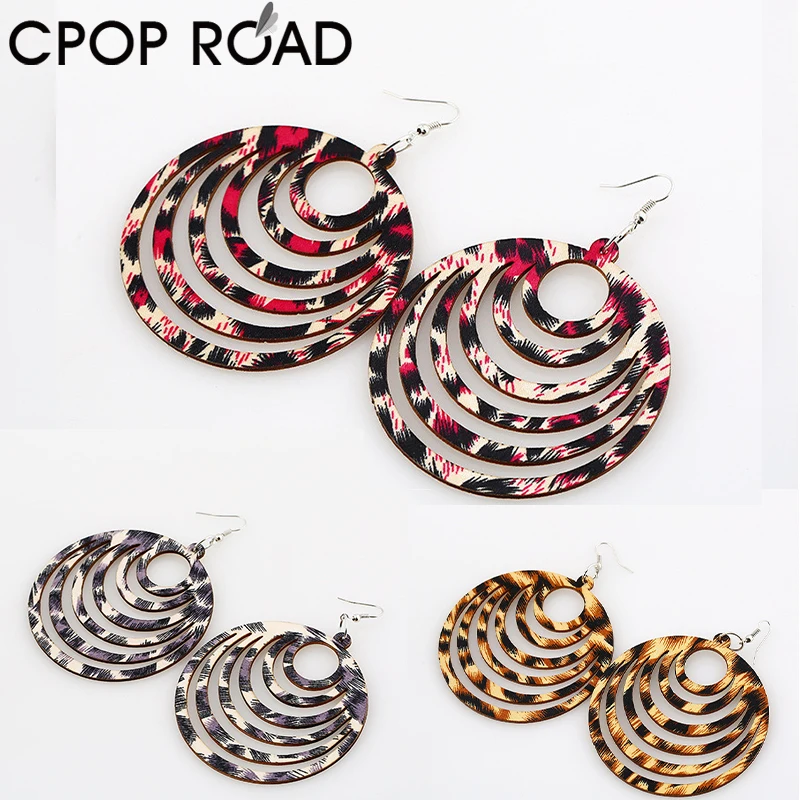 Cpop геометрические полые деревянные серьги для женщин красочные леопардовые с