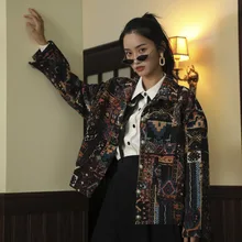 [LANMREM] Новинка года; сезон осень-зима; модная свободная короткая куртка в стиле ретро с отворотом и длинными рукавами и принтом; PA501