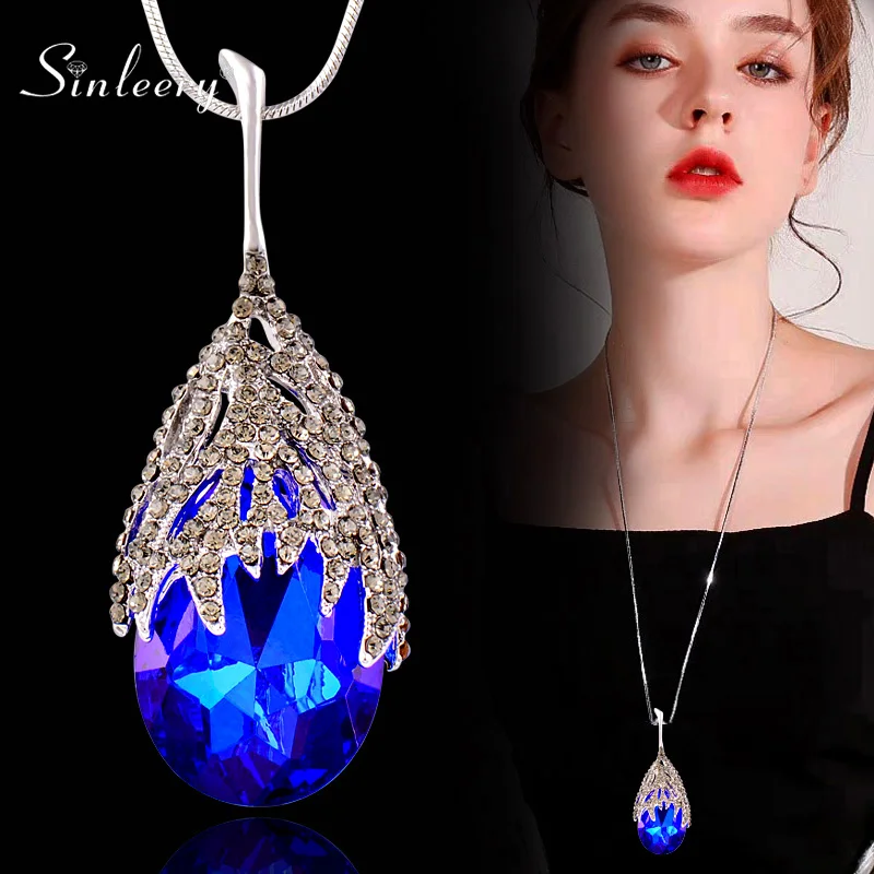 SINLEERY модное ожерелье в форме капли с большим кулоном синим фианитом ювелирные