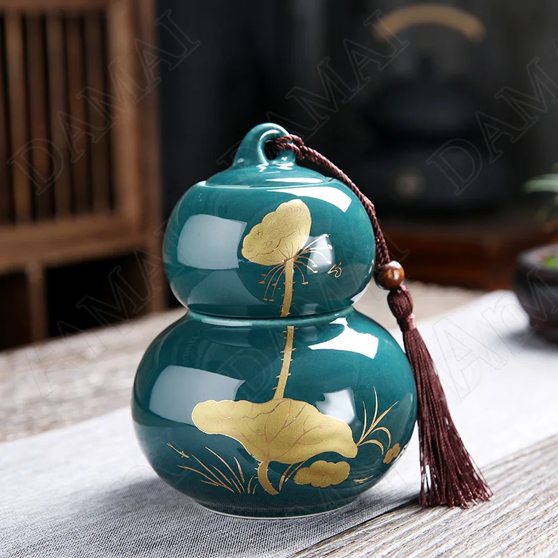 

Creativity Gourd Ceramic Tea Tins Chinese Modern Painted Sealed Split Format Tea Leaves Storage Tin with Lid Home Decoration