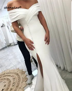 

Amazing Split Front Mermaid Prom Dress For Women 2019 White Satin Off Shoulder African Women Bridal Gowns Vestido de noiva
