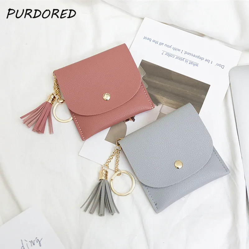 

PURDORED 1 Pc Women Mini Tassel Credit Card Holder PU Leather Short Small Card Case Money Coins Pouch Cute Bank Cards Bags