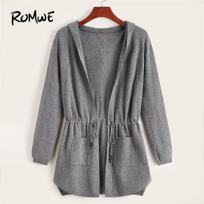  ROMWE Grey Drawstring Waist Hooded Cardigan Womens Sweaters 2019 Fall Dual Pocket Long Cardigan Cas