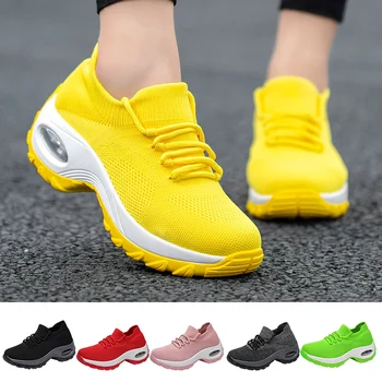 

6 Colors Air Cushion Platform Sneakers Women Slip On Sock Shoes Breathable Mesh Casual Swing Shoes Elasticity Knitted Trainers