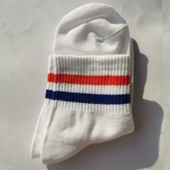 

Hot Sale Cotton Woman Or Kids Sport Socks Warm Spring Autumn White Color With Red Blue Strips Sock Cheap Price