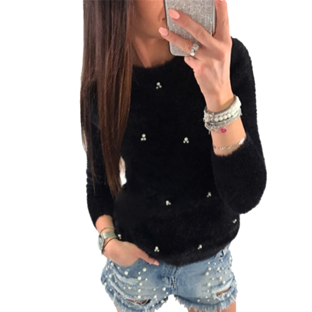 Hot Winter Women Fashion Faux Pearl Beading Solid Color Plush Long Sleeve Pullover Solid Color Warm Polyester Spandex pullover